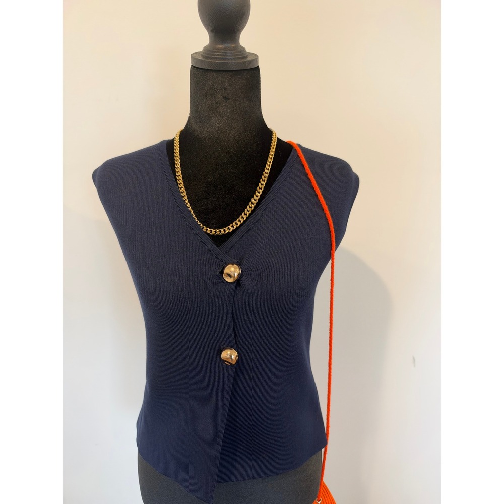 Zara Navy Blue Ribbed Knit Vest Top Gold Button V-Neck Sleeveless Size L